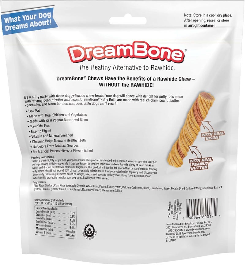 Dreambone Puffy Rolls Chews for Dogs, 8 Count, Treat Your Dog to Easy-to-Digest Rawhide-Free Chews Made with Real Peanut Butter and Bison - Image 2