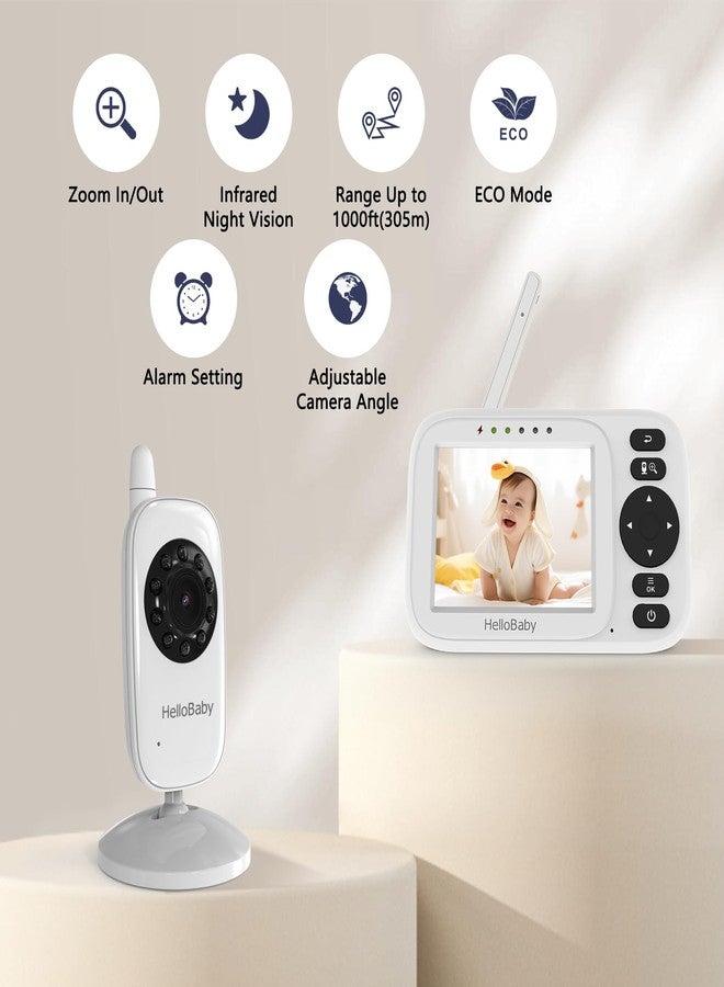 HelloBaby Baby Monitor No WiFi, 3.2'' IPS Screen, Auto Night Vision, Manual Baby Camera Adjustment, 1000ft/305m Range, ECO/VOX Audio Mode, Feeding Reminder, USB Charging Cable, HB2438 - Image 2