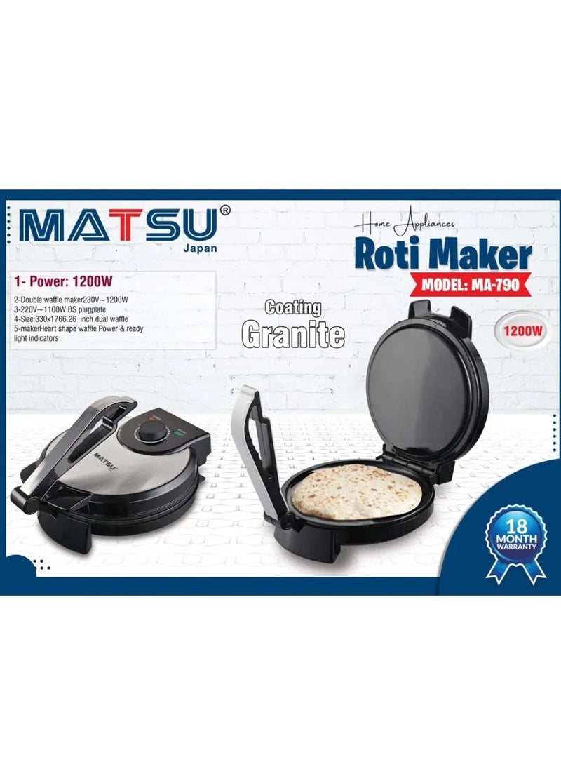 Generic - MATSU 10-Inch Electric Roti Maker – 1200W Non-Stick Chapati, Paratha & Tortilla Press with Stainless Steel Body, Adjustable Temperature Control, Dual Indicator Lights, Safety Lock, Easy Clean Non-Stick Plates & Instruction Manual – 220-240V UAE Kitchen Appliance – Black - Image 1