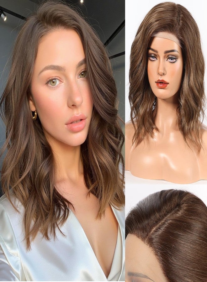 HAIRCUBE Synthetic T Lace Front Wig,Side-Parted Glueless Lace Wigs for Women, 16-Inch Shoulder Length Wavy Style for Daily Wear, Party & Date (Brown with Highlight) - Image 1