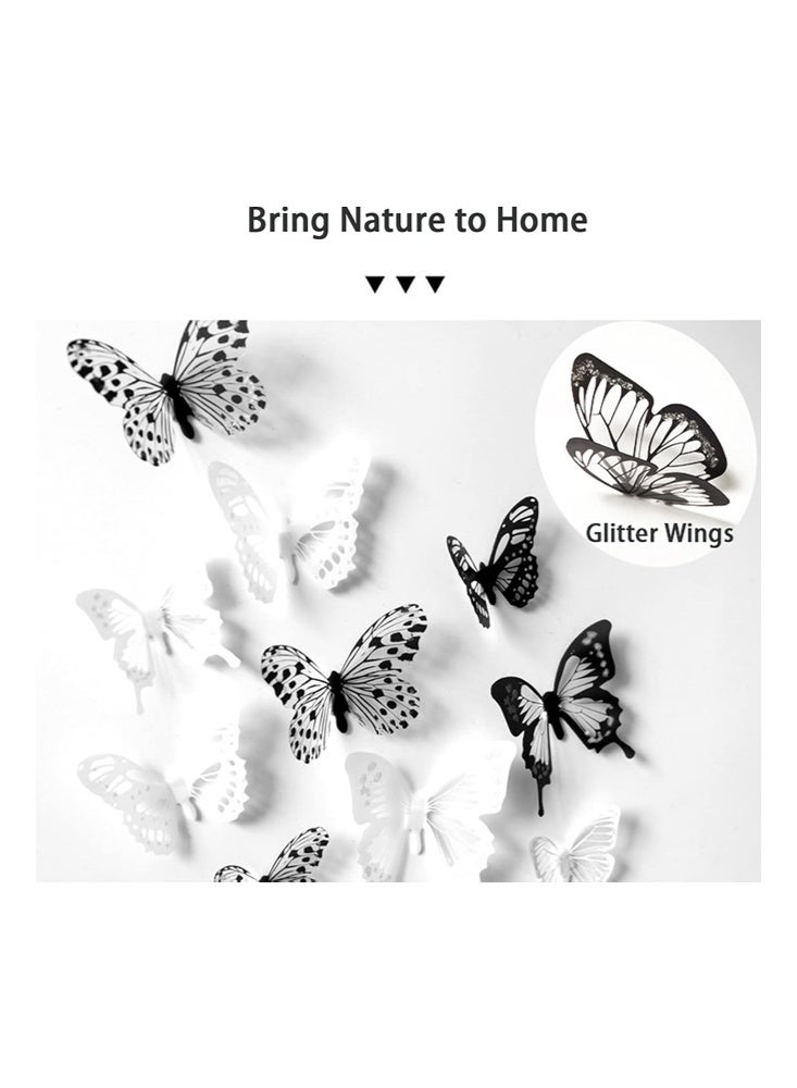 باترفلاي ديكور حائط فراشة ثلاثية الأبعاد لامعة - 36 قطعة فراشات سوداء وبيضاء لتزيين الحفلات والكعك - ملصق حائط قابل للإزالة ومقاوم للماء لتزيين عيد الميلاد، المنزل، الغرفة، الحمام، غرفة النوم و الجداريات (36 قطعة، 5 أنماط، 4 أحجام) - Image 2