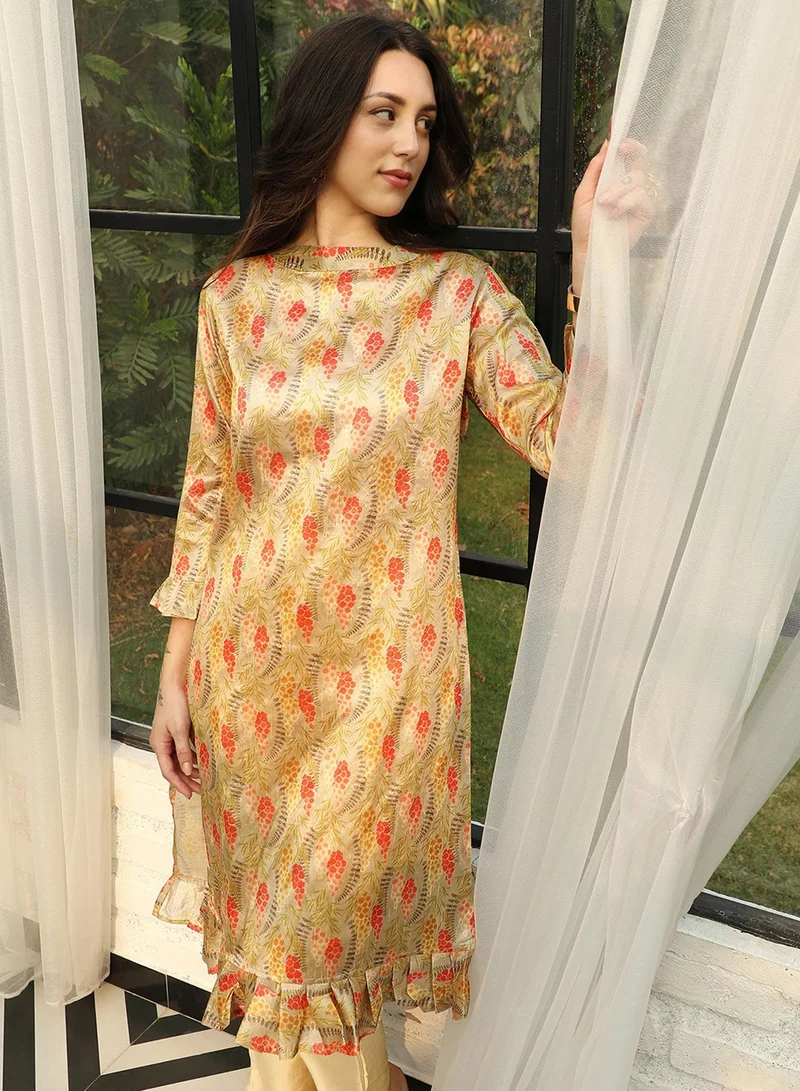 QISSA Women's Olive Green Fruit Print Kurta