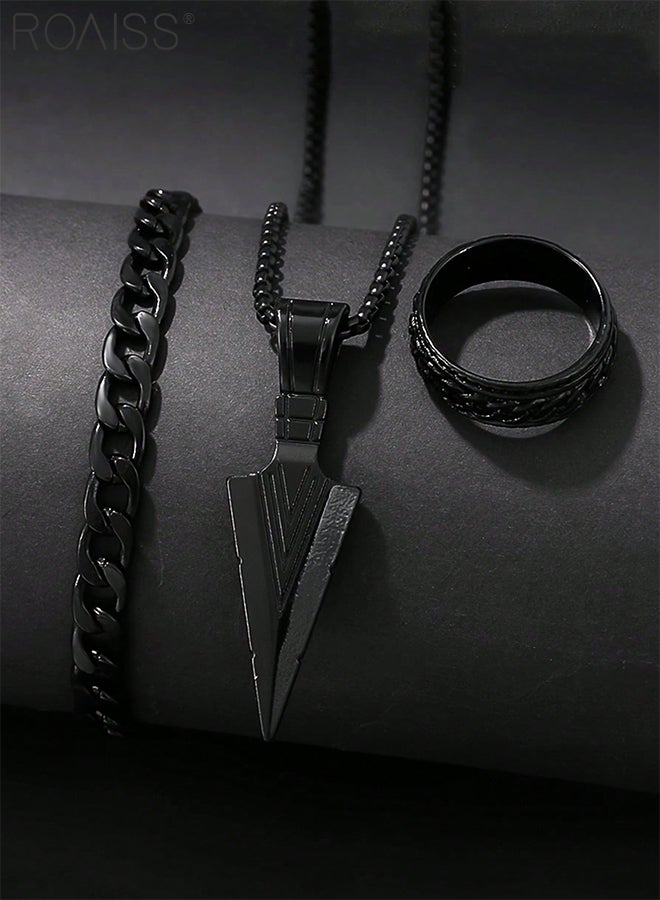 roaiss 3 Pcs Simple Black Pendant Necklace, Bracelet and Ring, Cool Spear Tip Arrow Pendant Chain Men's Fashion Jewelry Set for Men, Punk Rock and Hip Hop Style - Image 2