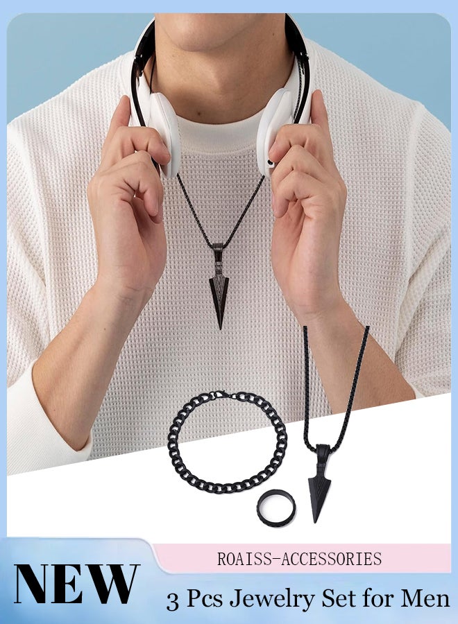 roaiss 3 Pcs Simple Black Pendant Necklace, Bracelet and Ring, Cool Spear Tip Arrow Pendant Chain Men's Fashion Jewelry Set for Men, Punk Rock and Hip Hop Style - Image 1