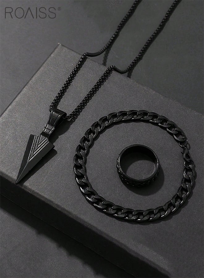 roaiss 3 Pcs Simple Black Pendant Necklace, Bracelet and Ring, Cool Spear Tip Arrow Pendant Chain Men's Fashion Jewelry Set for Men, Punk Rock and Hip Hop Style - Image 4