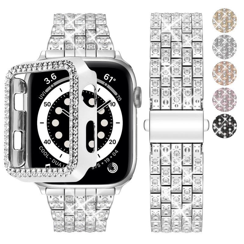 Fullmosa سوار ستانلس ستيل مزين بالألماس مع علبة متوافق مع ساعة آبل 41 مم سلسلة 8/7 - سوار مجوهرات نسائي (فضي) - Image 2