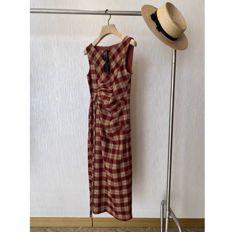 French Romantic Off-Shoulder Checkered Dress with Pleated Waist, Slimming Fit, Red Check Pattern - Image 1