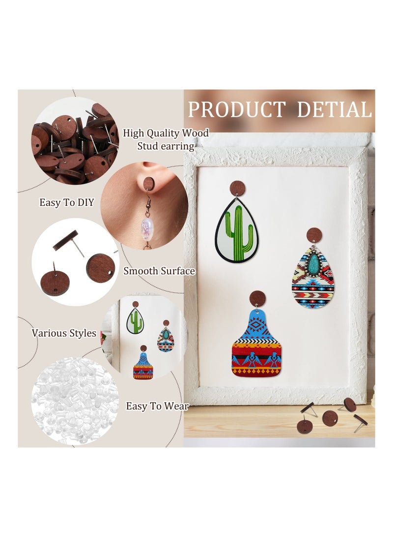 SOLARAE 100 Pairs of Walnut Wood Flat Earring Posts with Rubber Bullet Backs - DIY Round Wooden Earring Pin Studs for Jewelry Making Supplies for Women - Image 1