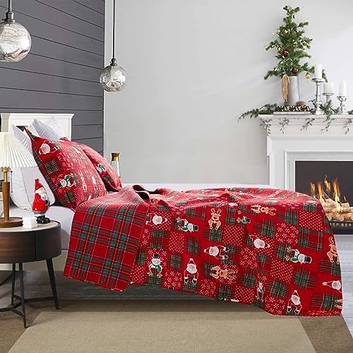 Belista Red Green Plaid Pattern Merry Christmas Quilt Set King Size Snowmen Santa Claus Reindeer Snowflake Reversible Xmas Bedding Sets New Year Holiday Coverlet Bed Set (Multi,King) - Image 3