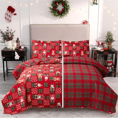 Belista Red Green Plaid Pattern Merry Christmas Quilt Set King Size Snowmen Santa Claus Reindeer Snowflake Reversible Xmas Bedding Sets New Year Holiday Coverlet Bed Set (Multi,King) - Image 1