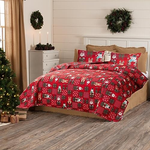 Belista Red Green Plaid Pattern Merry Christmas Quilt Set King Size Snowmen Santa Claus Reindeer Snowflake Reversible Xmas Bedding Sets New Year Holiday Coverlet Bed Set (Multi,King) - Image 2