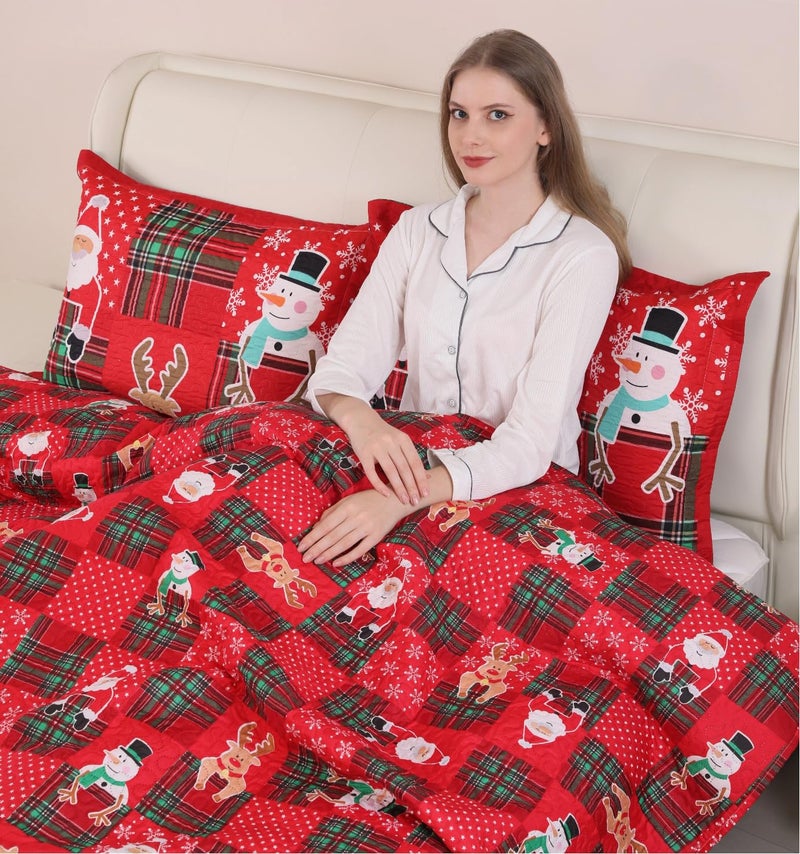 Belista Red Green Plaid Pattern Merry Christmas Quilt Set King Size Snowmen Santa Claus Reindeer Snowflake Reversible Xmas Bedding Sets New Year Holiday Coverlet Bed Set (Multi,King) - Image 5