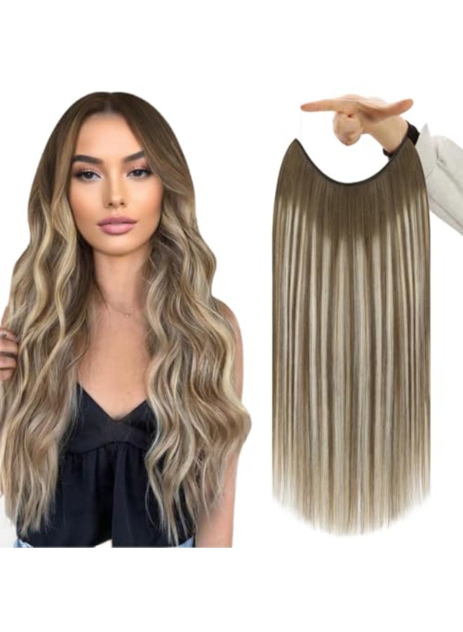 Fshine Invisible Wire Extensions Real Human Hair 18 Inch 86 G Chestnut Brown Balayage Platinum Blonde to Brrown Secret Hairpiece Removable Clip in One Piece Hair - Image 1