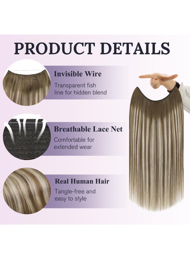 Fshine Invisible Wire Extensions Real Human Hair 18 Inch 86 G Chestnut Brown Balayage Platinum Blonde to Brrown Secret Hairpiece Removable Clip in One Piece Hair - Image 4