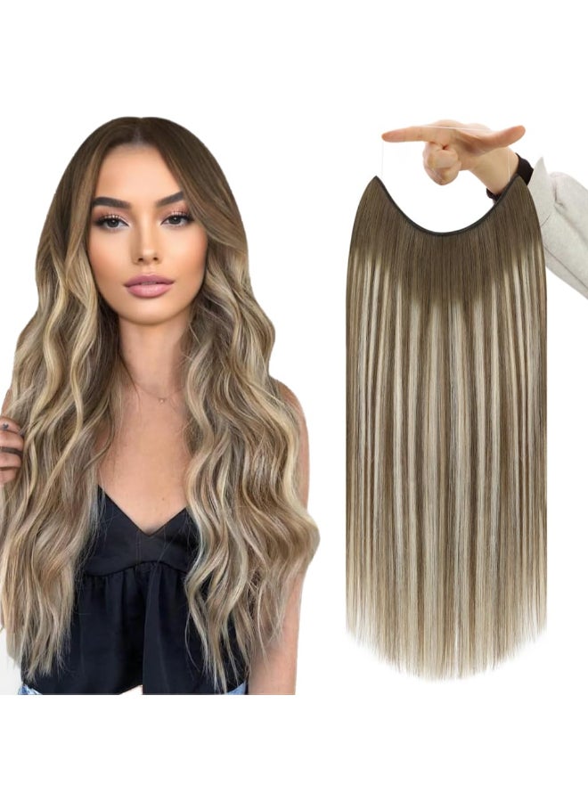 Fshine Invisible Wire Extensions Real Human Hair 18 Inch 86 G Chestnut Brown Balayage Platinum Blonde to Brrown Secret Hairpiece Removable Clip in One Piece Hair - Image 2