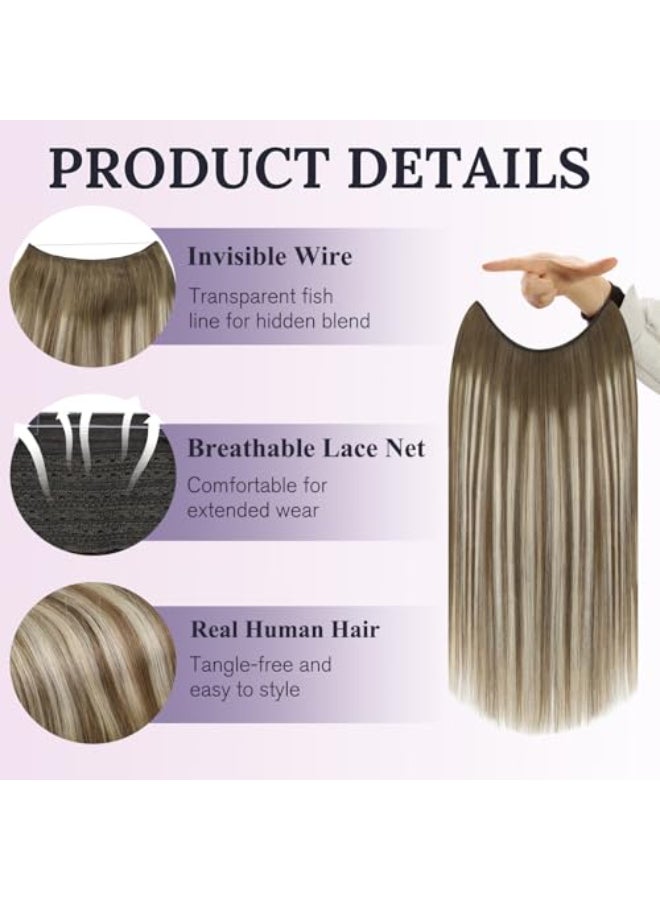 Fshine Invisible Wire Extensions Real Human Hair 18 Inch 86 G Chestnut Brown Balayage Platinum Blonde to Brrown Secret Hairpiece Removable Clip in One Piece Hair - Image 3