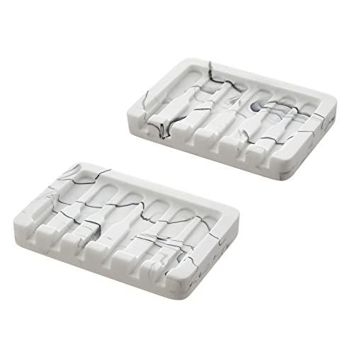 INIUNIK 2PCS Self Draining Soap Dish  Marble Look Soap Holder Tray Savers Box Container Sponge Holder for Bathroom Shower Kitchen White