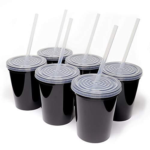 Rolling Sands 16 Oz Reusable Plastic Stadium Cups with Lids 6 Pack USA Made Plastic Tumblers and Lids Includes 6 Reusable Straws Dishwasher Safe Red