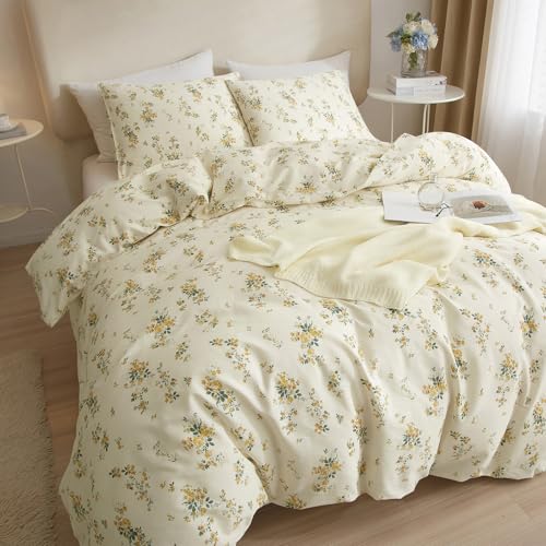 AMWAN Yellow Botanical Floral Duvet Cover Queen Chic Garden Bedding Sets Cotton Aesthetic Comforter Vintage Flower for Girls Women Cottagecore Set - Image 5
