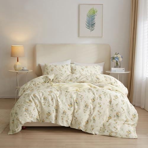 AMWAN Yellow Botanical Floral Duvet Cover Queen Chic Garden Bedding Sets Cotton Aesthetic Comforter Vintage Flower for Girls Women Cottagecore Set - Image 1