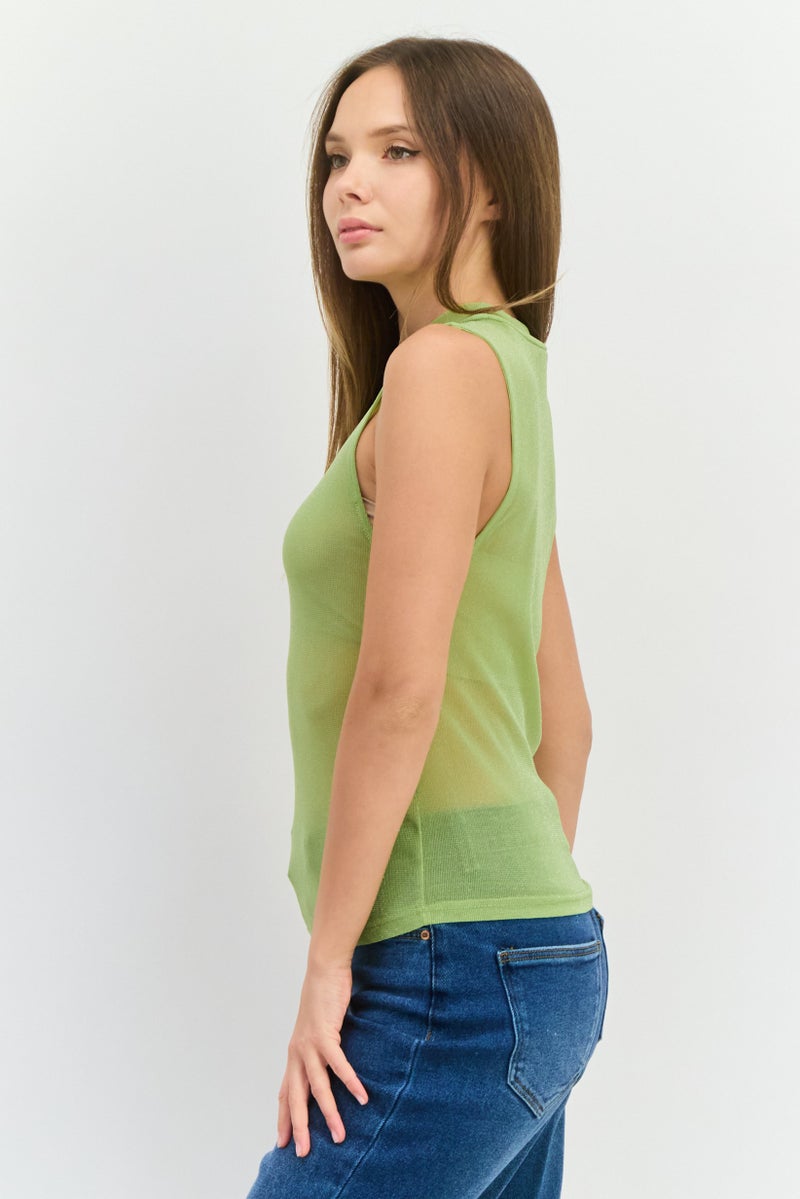 MANGO Women Mock Neck Sleeveless Plain Tank Top, Green - Image 2