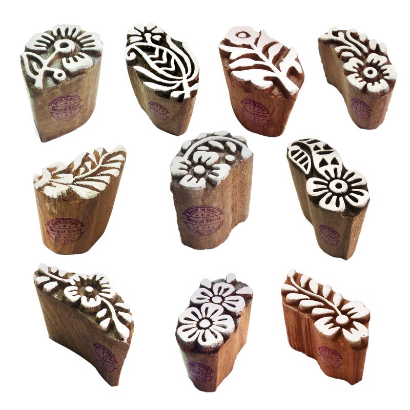 Royal Kraft Fabric Wood Stamps Indian Small Floral Design Printing Blocks (Set of 10) Htag2103 - Image 1