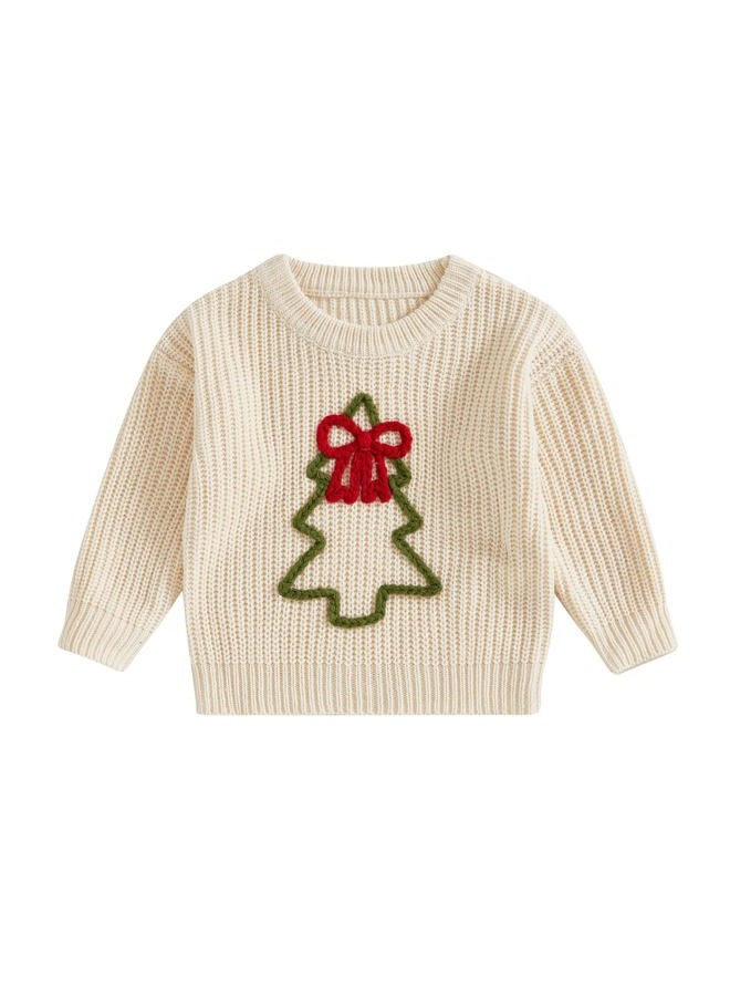 Socutebabe Christmas Outfit Toddler Baby Girl Boy Christmas Knit Sweater Infant Christmas Tree Warm Knitwear Winter Clothes, Beige, 3-4 Years - Image 1