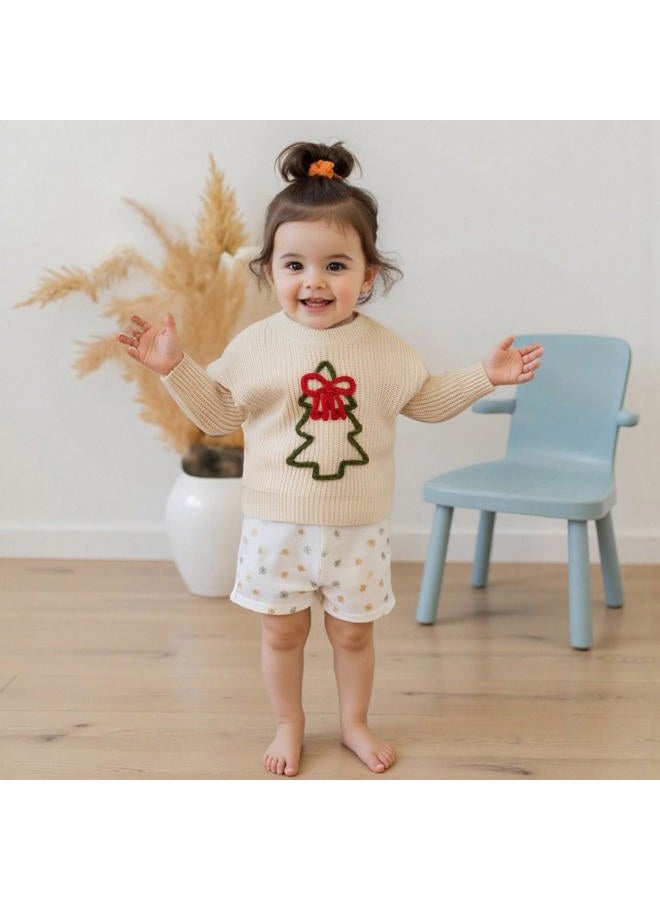 Socutebabe Christmas Outfit Toddler Baby Girl Boy Christmas Knit Sweater Infant Christmas Tree Warm Knitwear Winter Clothes, Beige, 3-4 Years - Image 2