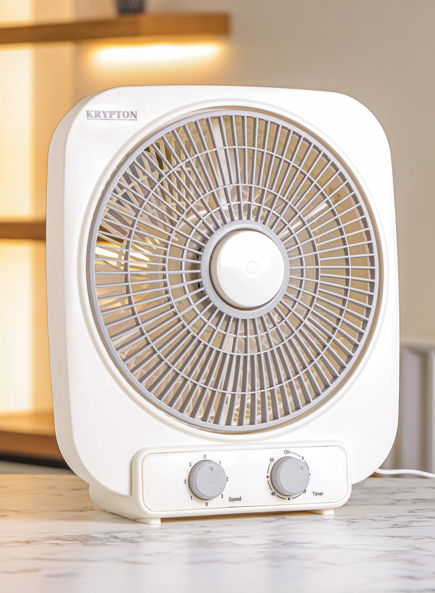 Krypton 10" Box Fan- KNF6449/ High Performance with 3-Speed Controls and 6 PP Leaf Blades/ Efficient Cooling and Wind, 60 Minute Timer, 50W Motor/ 2 Years Warranty, Grey and White KNF6449 white
