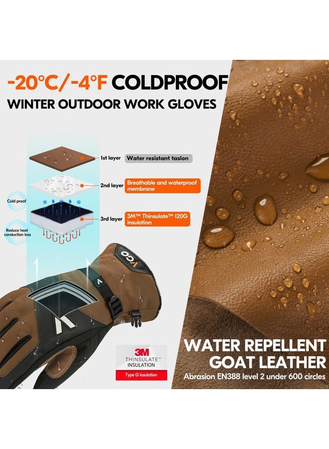 Vgo-20℃/-4°F Waterproof Winter Work Gloves Cold Weather Waterproof Work Gloves Waterproof Insulated Gloves Goat Leather Gloves(Brown,Size XL,GA7760FLWP) - Image 2