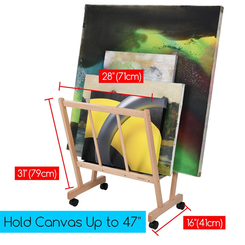 MEEDEN Wood Large Print Rack with Castors, Artist Storage and Display Rack, Premium Drying Rack, Storage for Canvas, Prints, Panels, Posters, Holds Artworks Up to 47", Natural - Image 2