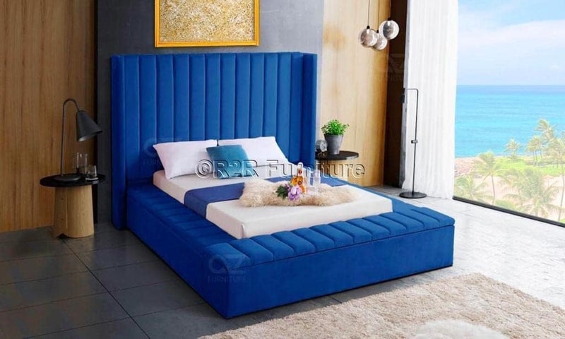 Luxury Blue Velvet Bed with Elegant Modern Design - King Size 180x200