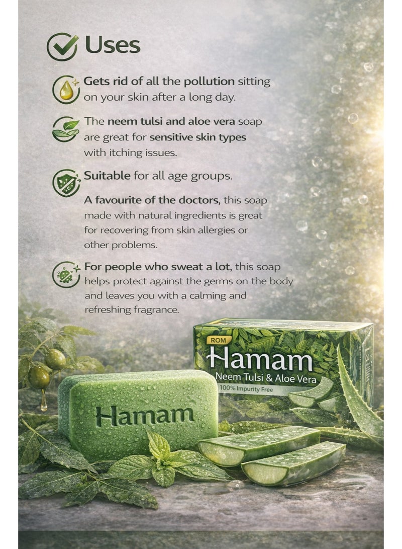 Hamam Neem Tulsi & Aloe Vera Herbal Bathing Soap 150g Each Pack of 6 Deep Cleansing Antibacterial Bath Bar for Fresh Healthy Skin - Image 5