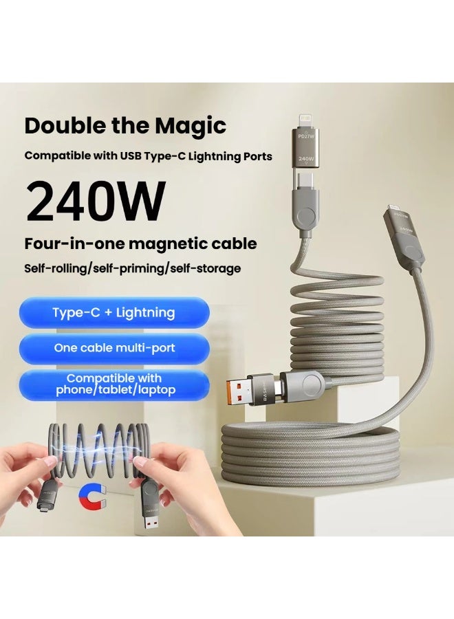 BASEMO 240W Magnetic 4in1 Charging Cable Charging Wire, Self-coiling Magnet 4-in-1 Charging Cable Data Cord, 240W Compatible with Mobile Phones Tablets Computer, Fast Charging Transmitting Data Wire Type-C Lightning USB - Image 2