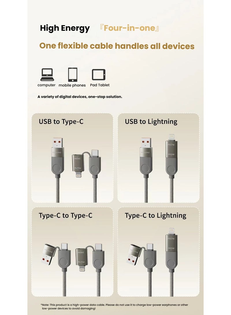 BASEMO 240W Magnetic 4in1 Charging Cable Charging Wire, Self-coiling Magnet 4-in-1 Charging Cable Data Cord, 240W Compatible with Mobile Phones Tablets Computer, Fast Charging Transmitting Data Wire Type-C Lightning USB - Image 5
