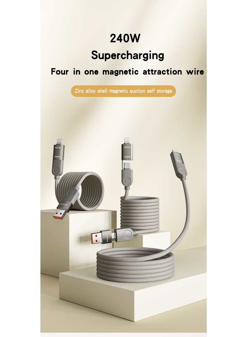 BASEMO 240W Magnetic 4in1 Charging Cable Charging Wire, Self-coiling Magnet 4-in-1 Charging Cable Data Cord, 240W Compatible with Mobile Phones Tablets Computer, Fast Charging Transmitting Data Wire Type-C Lightning USB - Image 3