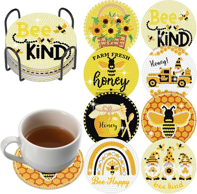 Shellwei 8 Pcs Diamond Art Coasters Diamond Painting Coasters with Holder Beginner Adults Kids Art Kit DIY Bee Gnome Diamond Painting Kit Spring Summer Diamond Crafts for Gift - Image 1