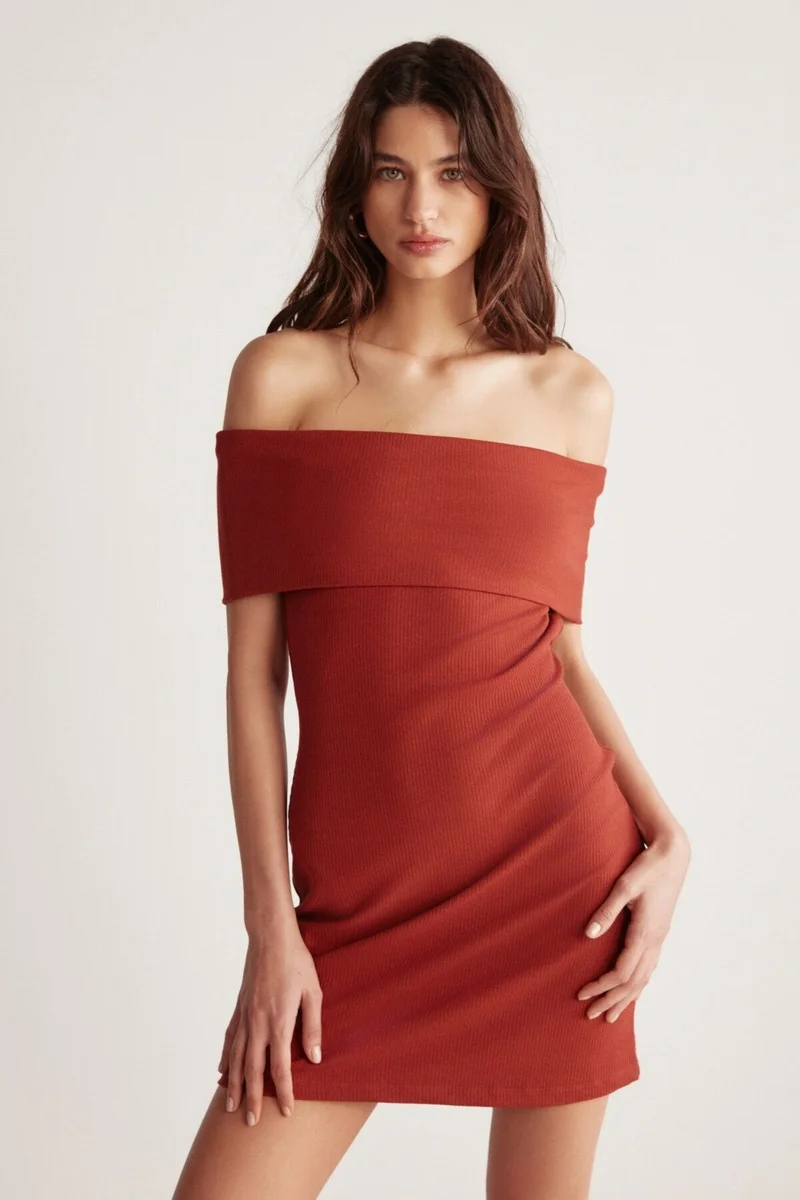 جريميلانج Julene Women's Flexible Ribbed Fabric Bardot Collar Bodycon Body-hugging Midi Brick Color Dress