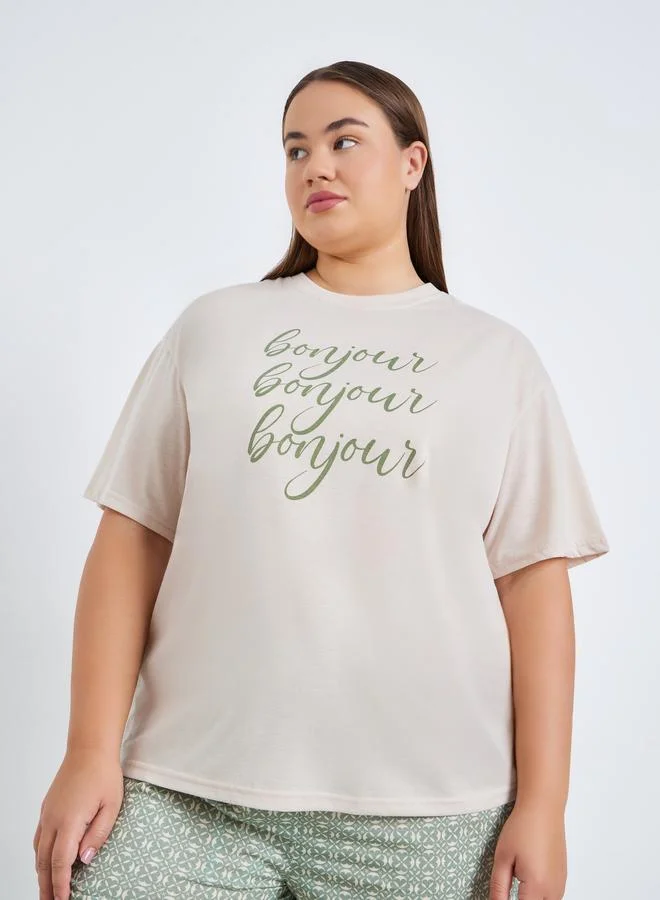 Styli Plus Size Bonjour Drop Shoulder T-Shirt and Pyjama Set