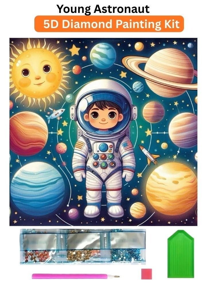 Diamond Painting Kit 5D Diamond Art Set for Kids & Adults DIY Wall Decor Craft,  Young Astronaut Design, Acrylic Diamonds, Adhesive Canvas with Wooden Frame, Relaxing Hobby Art Kit, 20x20 cm - Image 1