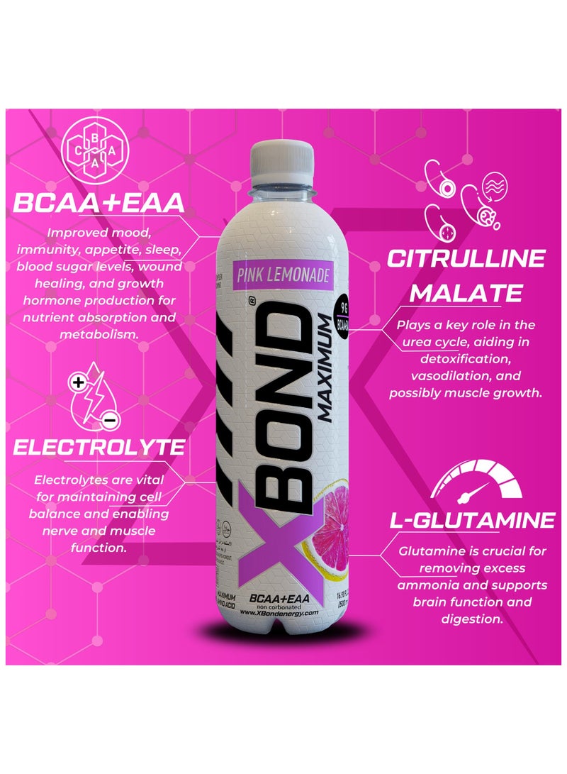 Xbond X-BOND 9g BCAA + EAA Pink Lemonade Maximum Recovery  Non Carbonated Drink Maximum Amino Drink -  Electrolytes Drink - 16 fl oz (500 ml), Sugar Free 34 Calories, 60mg Caffeine (Pack of 12) - Image 4