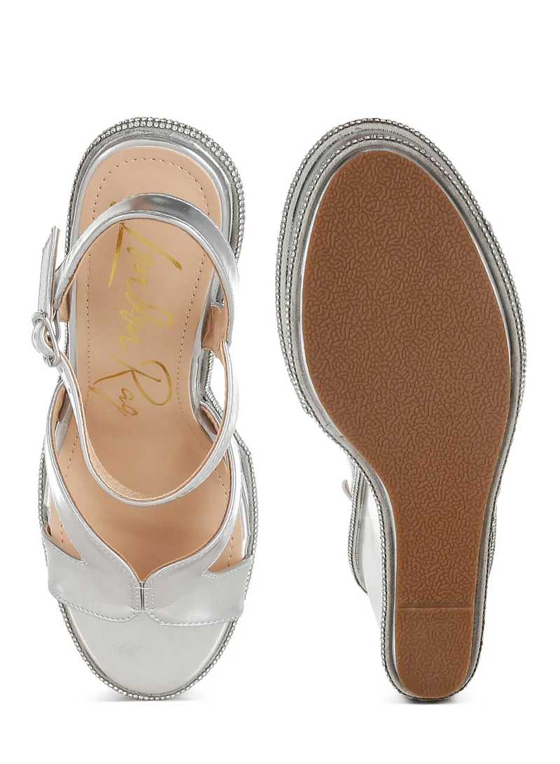 London Rag Rhinestones Embellished Wedge Sandals in Silver