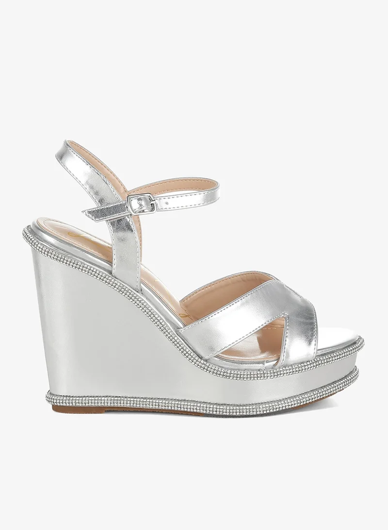 Rhinestones Embellished Wedge Sandals in Silver