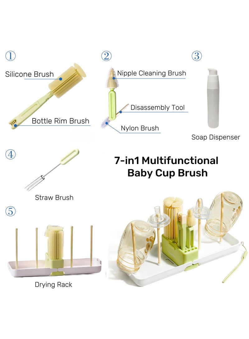 KASTWAVE Baby Bottle Brush Set,7 in 1 Bottle Cleaner Brush Kit with Silicone Bottle Brush,Nipple Cleaning Brush,Straw Brush,Soap Dispenser,Storage Box,Bottle Drying Rack for Home and Travel,White  - Image 2