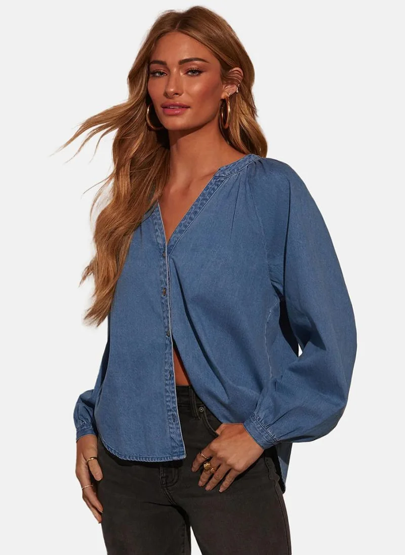 يونيكي Blue Relaxed Fit Band Collar Long Sleeves Shirts