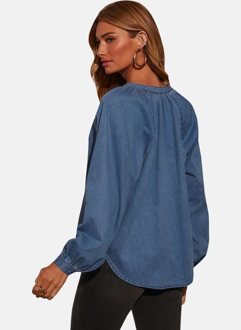 يونيكي Blue Relaxed Fit Band Collar Long Sleeves Shirts