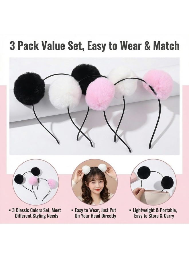 UPSTORE 3PCS Fluffy Pom Ball Headbands Hairband Panda Ears Hair Hoop Headwear Hair Bands Costume Hair Accessories for Birthday Party Halloween Christmas(Black+White+Pink) - Image 4