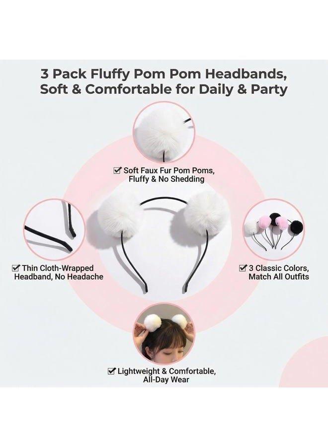 UPSTORE 3PCS Fluffy Pom Ball Headbands Hairband Panda Ears Hair Hoop Headwear Hair Bands Costume Hair Accessories for Birthday Party Halloween Christmas(Black+White+Pink) - Image 3