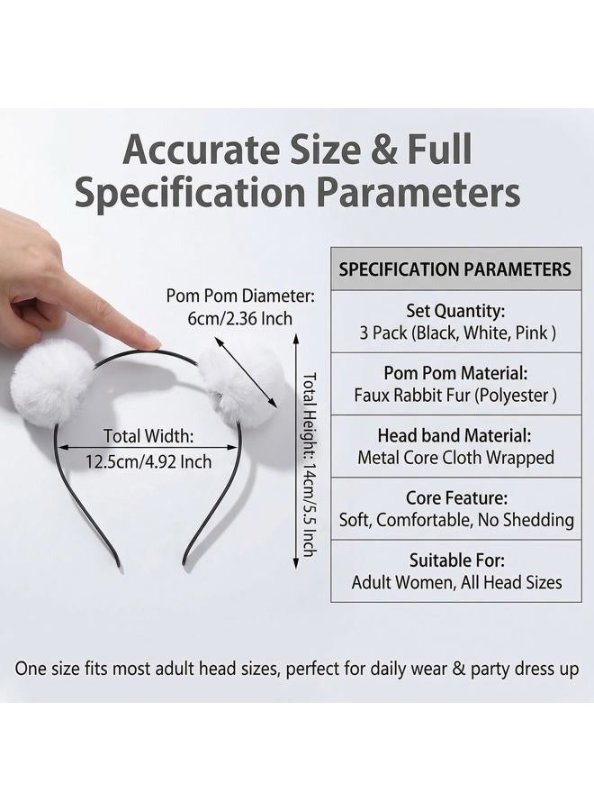 UPSTORE 3PCS Fluffy Pom Ball Headbands Hairband Panda Ears Hair Hoop Headwear Hair Bands Costume Hair Accessories for Birthday Party Halloween Christmas(Black+White+Pink) - Image 2