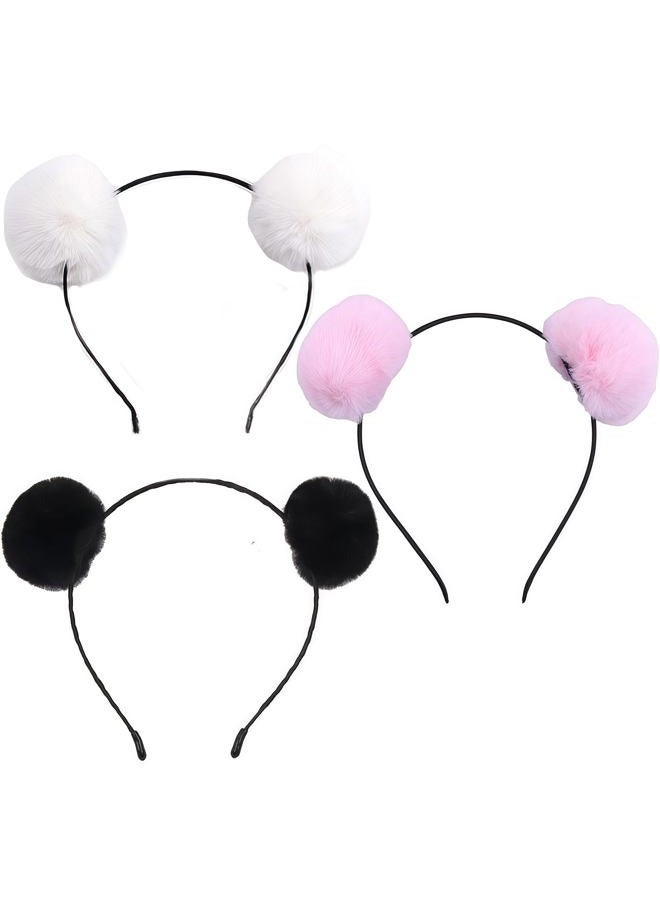 UPSTORE 3PCS Fluffy Pom Ball Headbands Hairband Panda Ears Hair Hoop Headwear Hair Bands Costume Hair Accessories for Birthday Party Halloween Christmas(Black+White+Pink) - Image 1